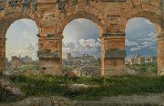 View through three northwest arches of the Colosseum in Rome.Storm gathering over the city (mk09) Christoffer Wilhelm Eckersberg